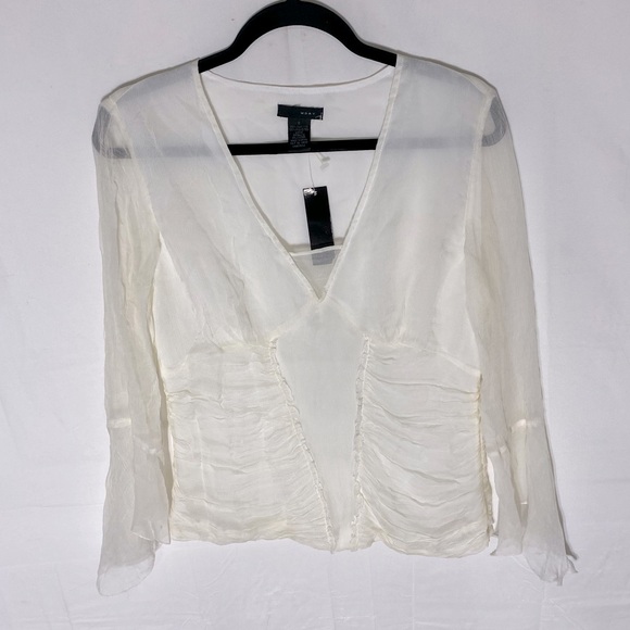W.D.N.Y Tops - W.D.N.Y Cream Silk Deep V Neck Ruched Bodice Long Sleeve Blouse 8 NWT